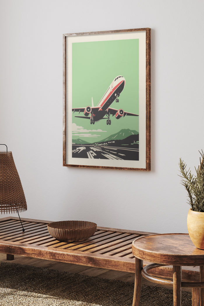 Vintage style poster of an airplane taking off with retro color palette and minimalist design