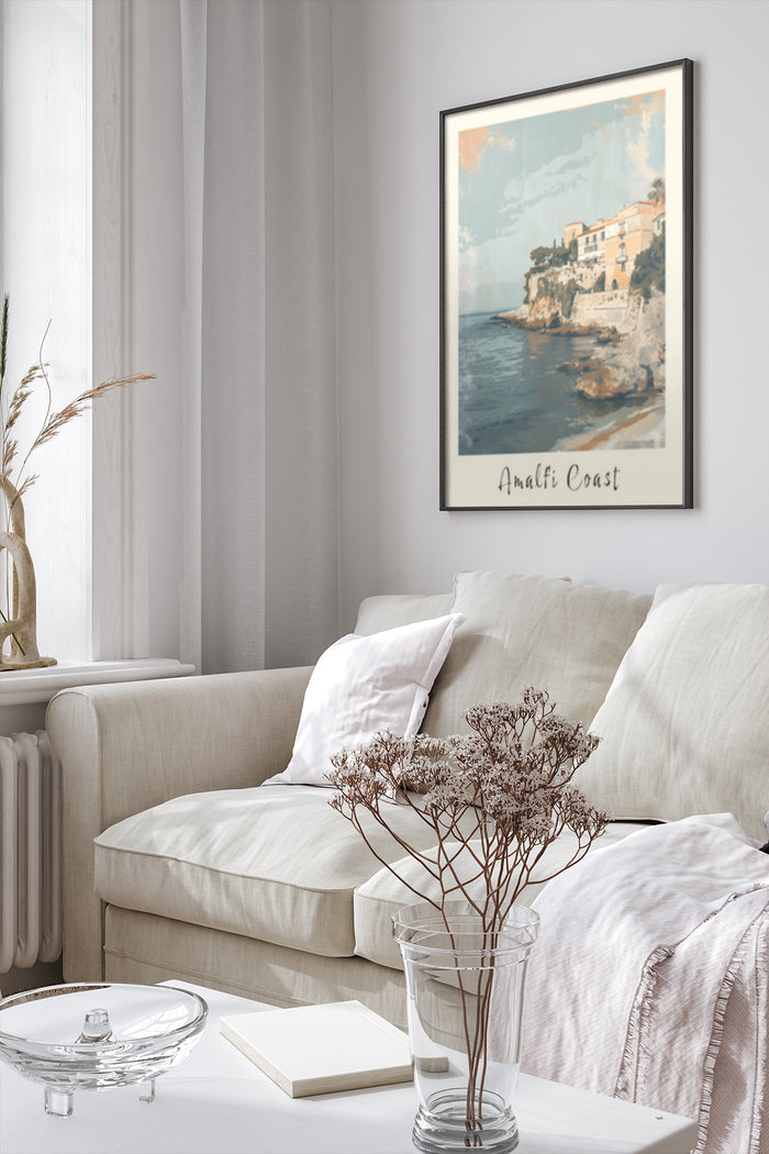 Elegant living room interior with vintage Amalfi Coast travel poster