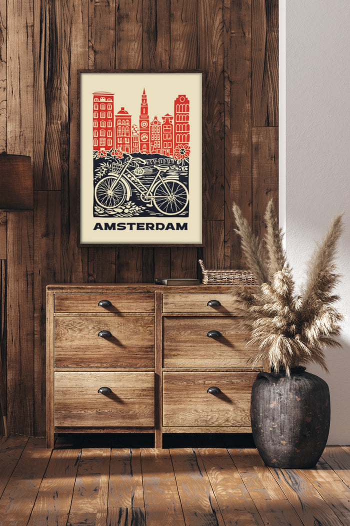 Vintage Amsterdam travel poster featuring iconic bicycles and traditional Dutch architecture on wooden wall above a rustic cabinet