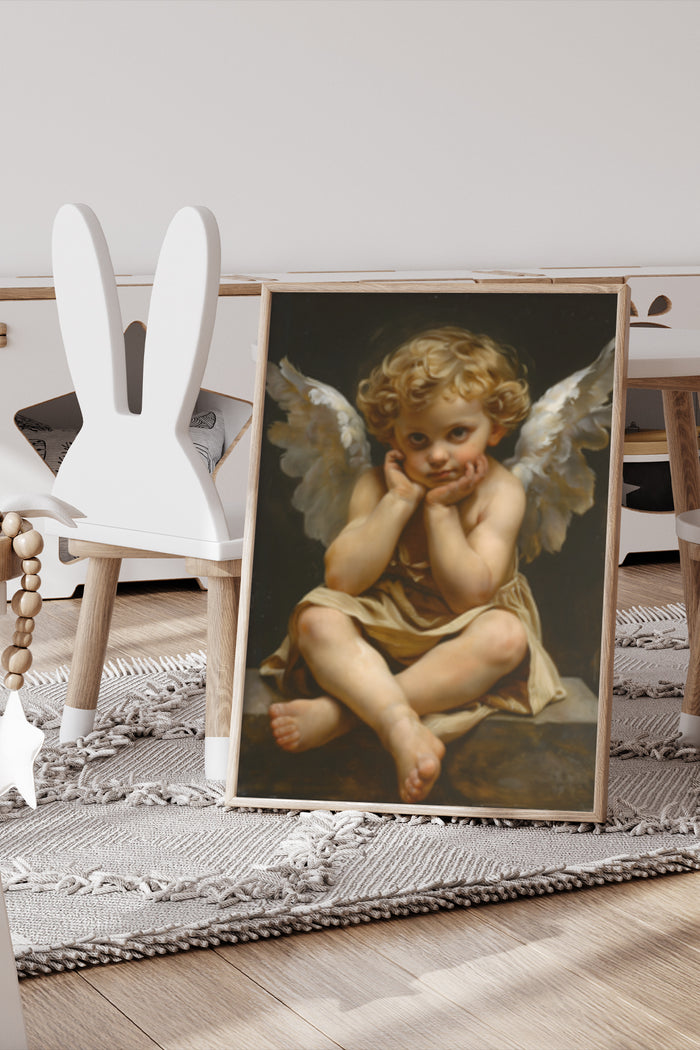 Vintage cherubic angel painting on display in a modern home setting