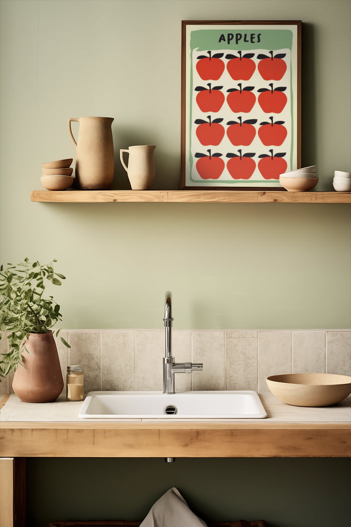 Retro styled apples poster in kitchen setting with wooden shelf and ceramic utensils