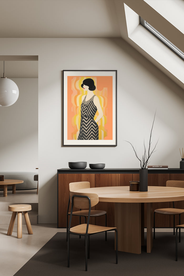 Vintage Art Deco Style Poster of an Elegant Woman Illustration in Modern Interior