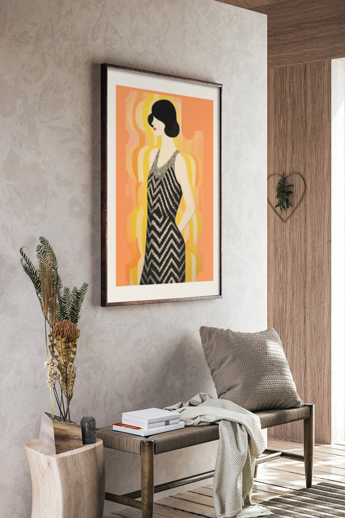 Vintage Art Deco style poster featuring an elegant woman illustration in modern interior