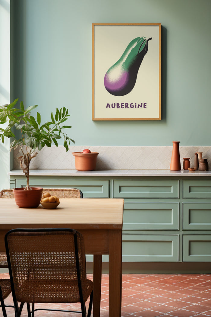 Stylish vintage aubergine poster framed in modern kitchen interior design