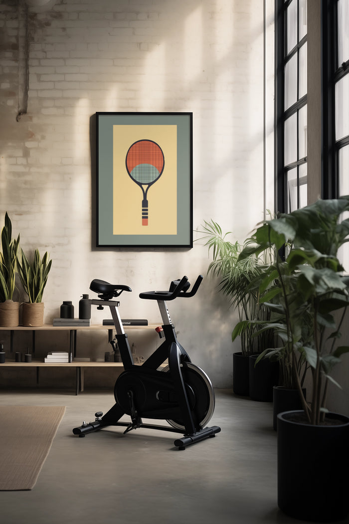 Vintage badminton racket art print poster on wall above stationary bike in a contemporary home decor setting with indoor plants