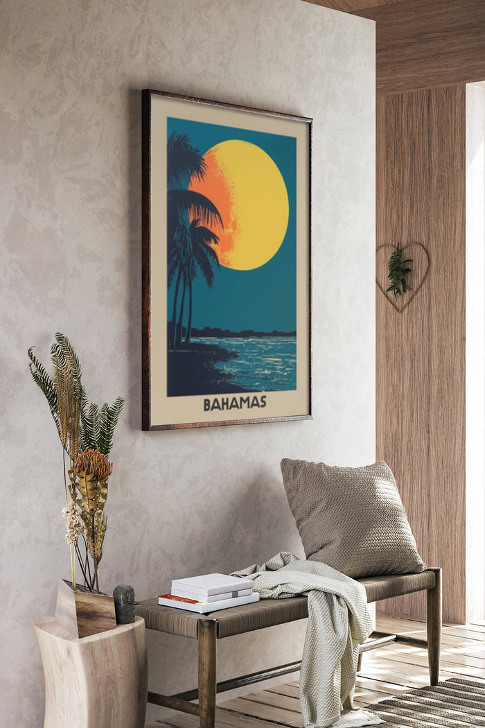 Vintage Bahamas travel poster with sunset and palm trees displayed in a modern room