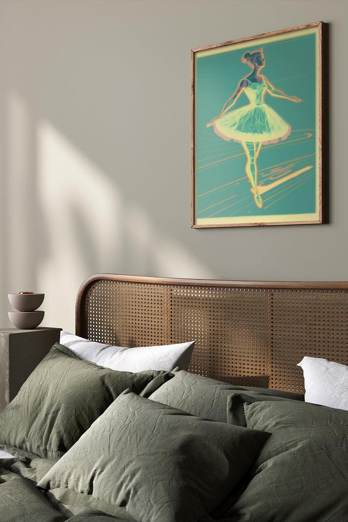 Vintage style ballerina poster framed on bedroom wall above bed with green bedding