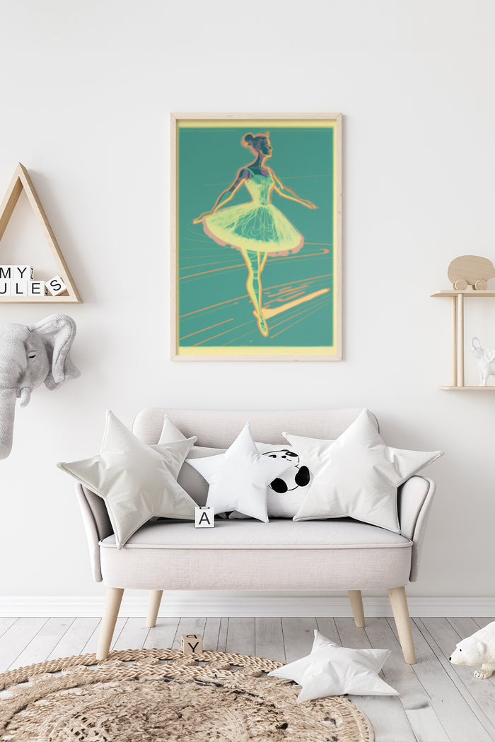 Stylish vintage ballerina poster framed on the wall above a modern sofa with decorative pillows in a contemporary living room setting
