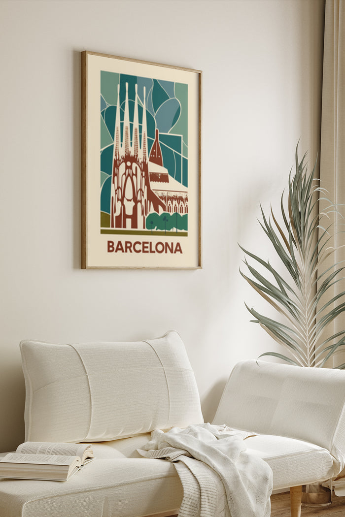 Vintage travel poster of Barcelona with iconic architecture illustration, displayed in a modern living room