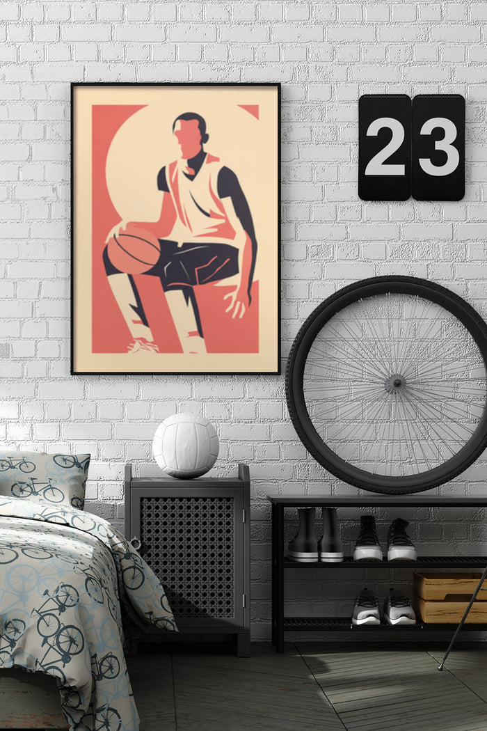 Vintage style basketball player poster in a modern bedroom setting