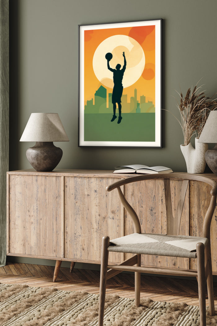 Vintage style poster of basketball player silhouette with sunset and cityscape in modern living room setting