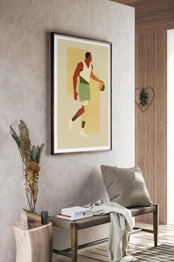 Retro style poster of a basketball player in action, framed on a modern living room wall
