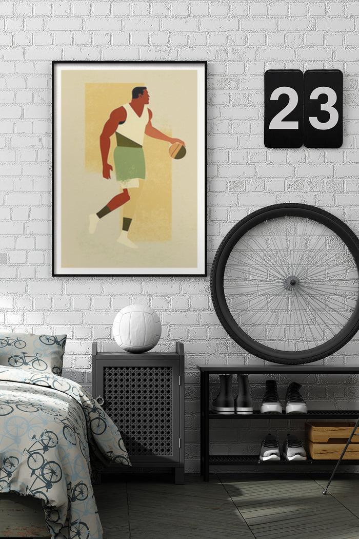 Vintage basketball player artwork poster displayed in a modern bedroom setting