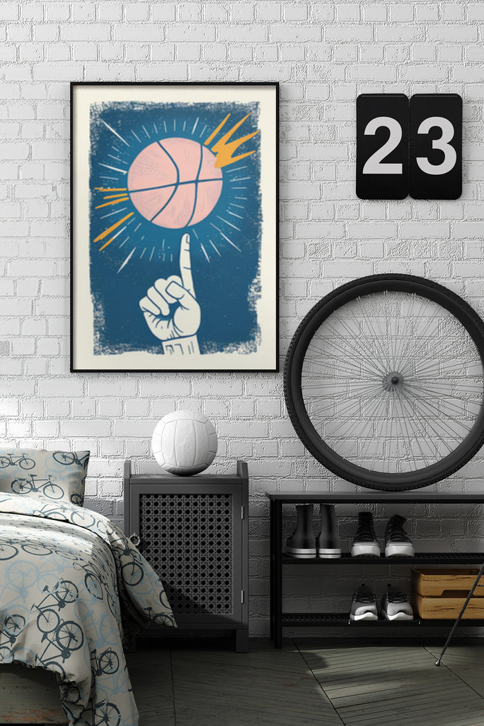 Vintage style poster of a finger spinning a basketball with sunburst effect in a modern bedroom setting