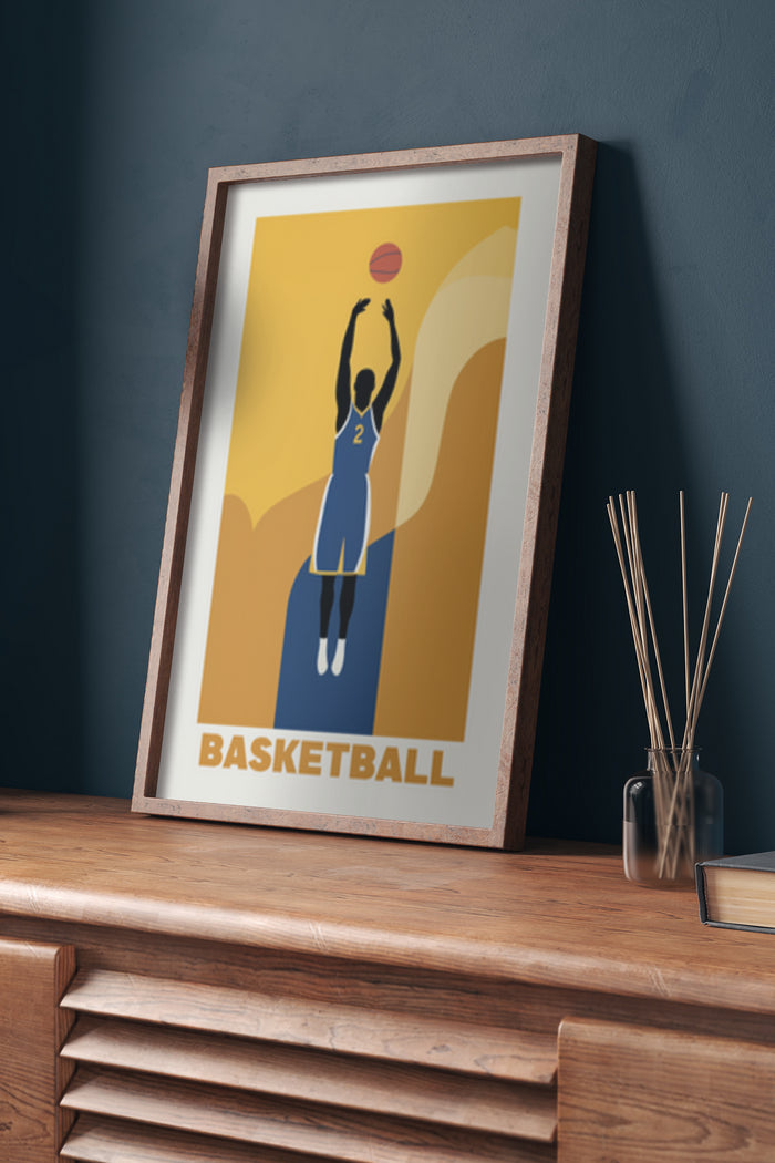 Vintage-styled basketball artwork framed on a wooden drawer against a blue wall
