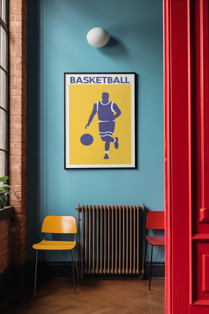 Vintage basketball poster on blue wall with retro yellow chair and red door in stylish interior