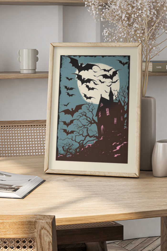 Vintage haunted house and bats illustration art poster in a wooden frame