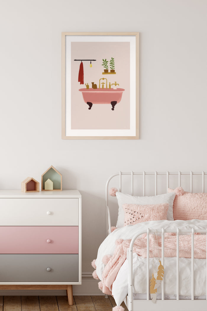 Vintage style bathtub illustration poster with toiletries and plants hung in a modern bedroom
