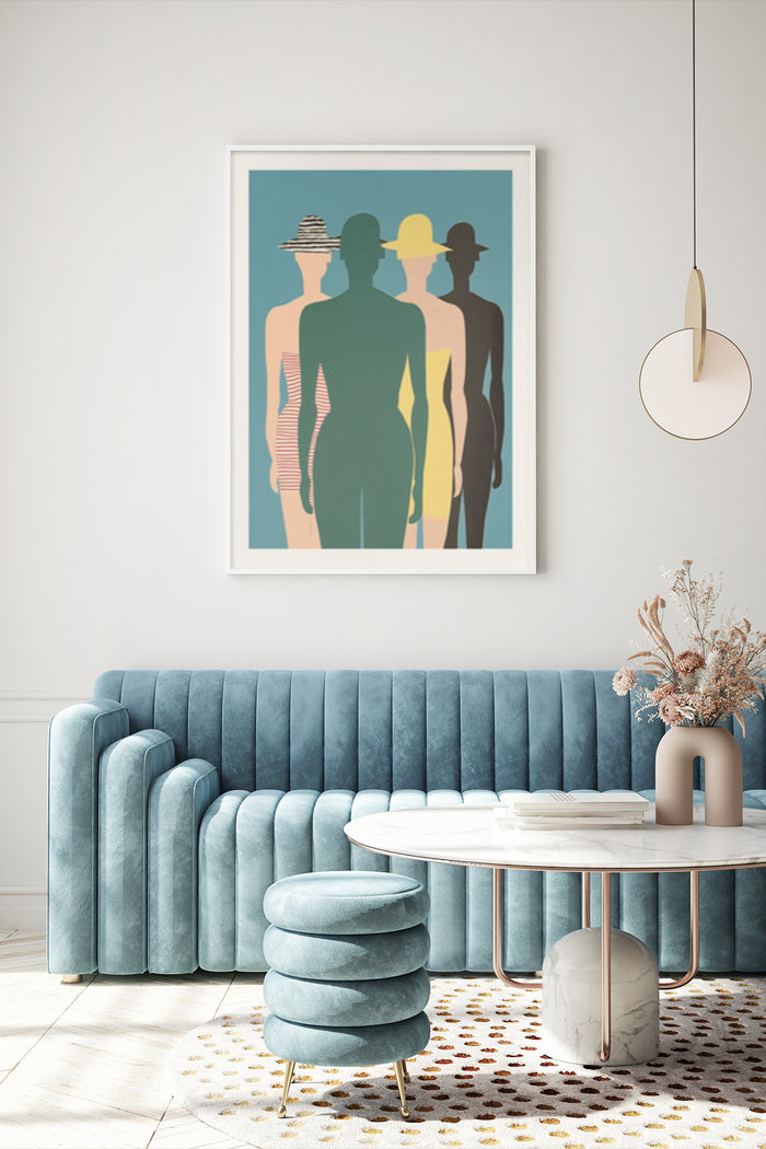 Vintage beach art poster featuring three stylized silhouettes with striped and solid hats in living room setting