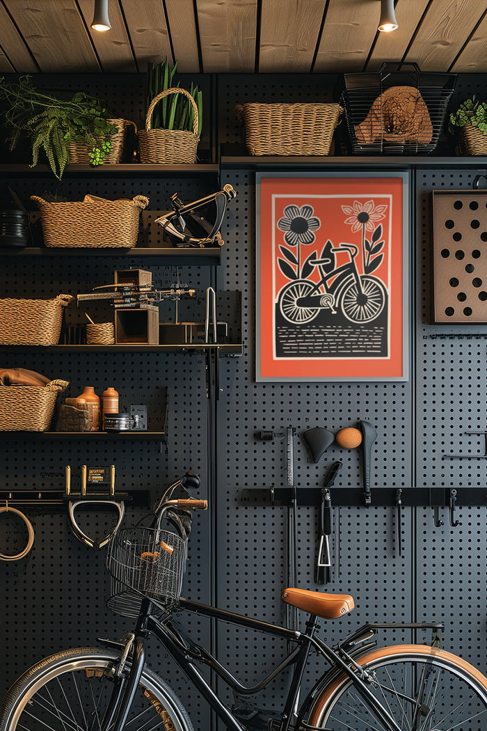Stylish vintage bicycle poster in interior design shop with accessories and plants