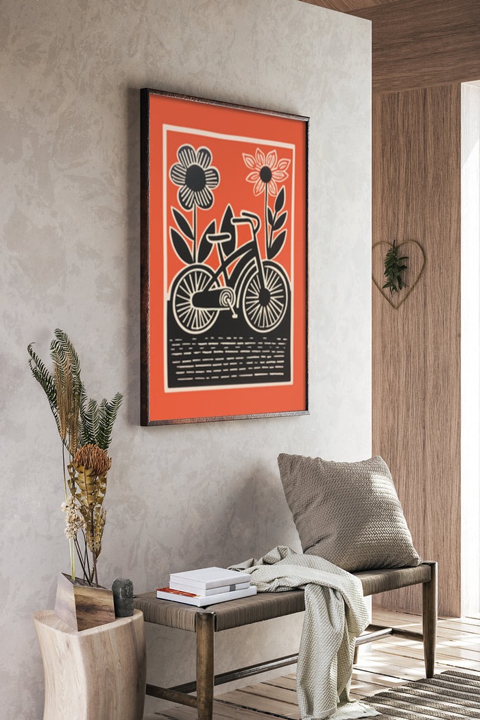 Retro style bicycle and flowers poster in home decor setting