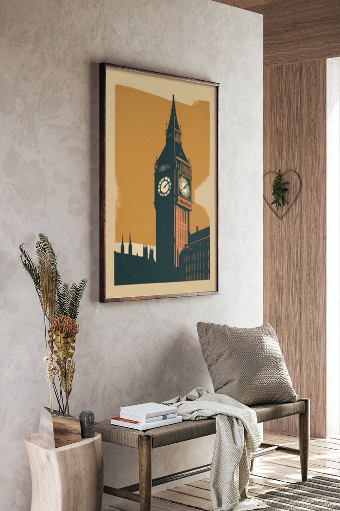 Vintage style poster of Big Ben clock tower in a modern interior setting