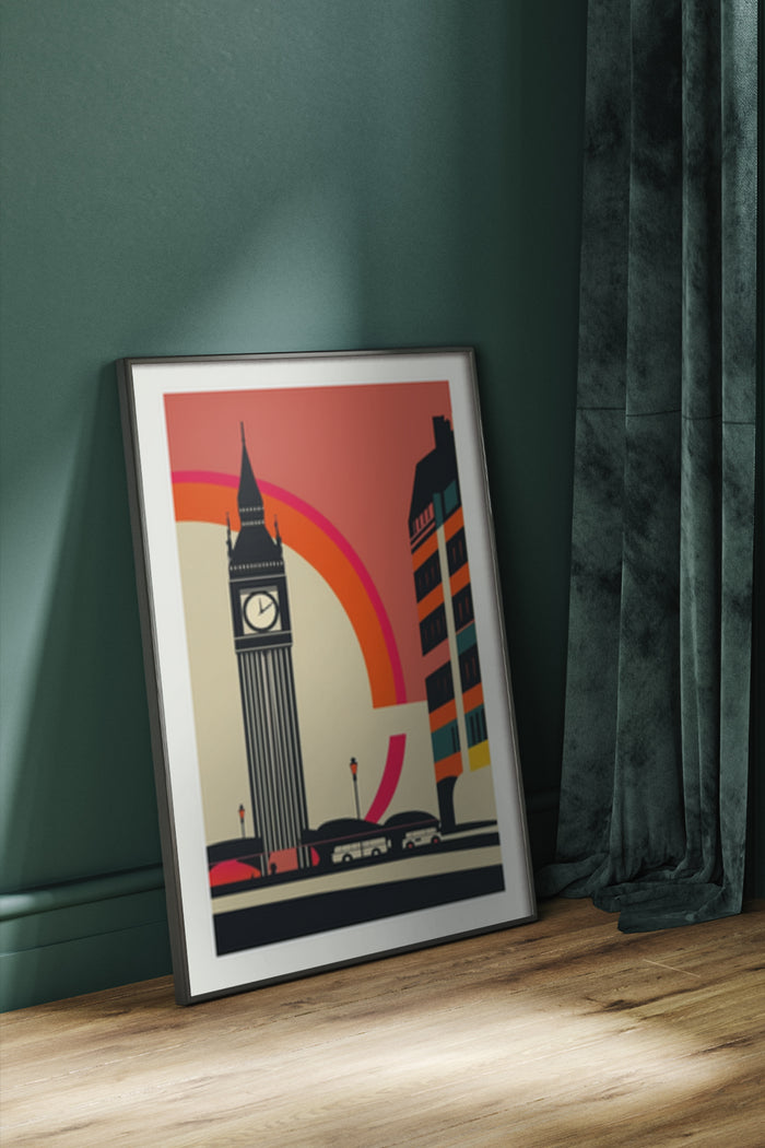 Vintage style poster of Big Ben in London with colorful abstract elements