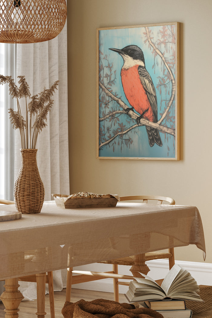 Vintage style painting of a bird on a branch displayed in a cozy modern home interior