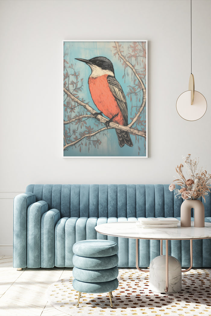 Vintage style bird illustration poster art mounted on wall above blue velvet sofa in modern living room interior