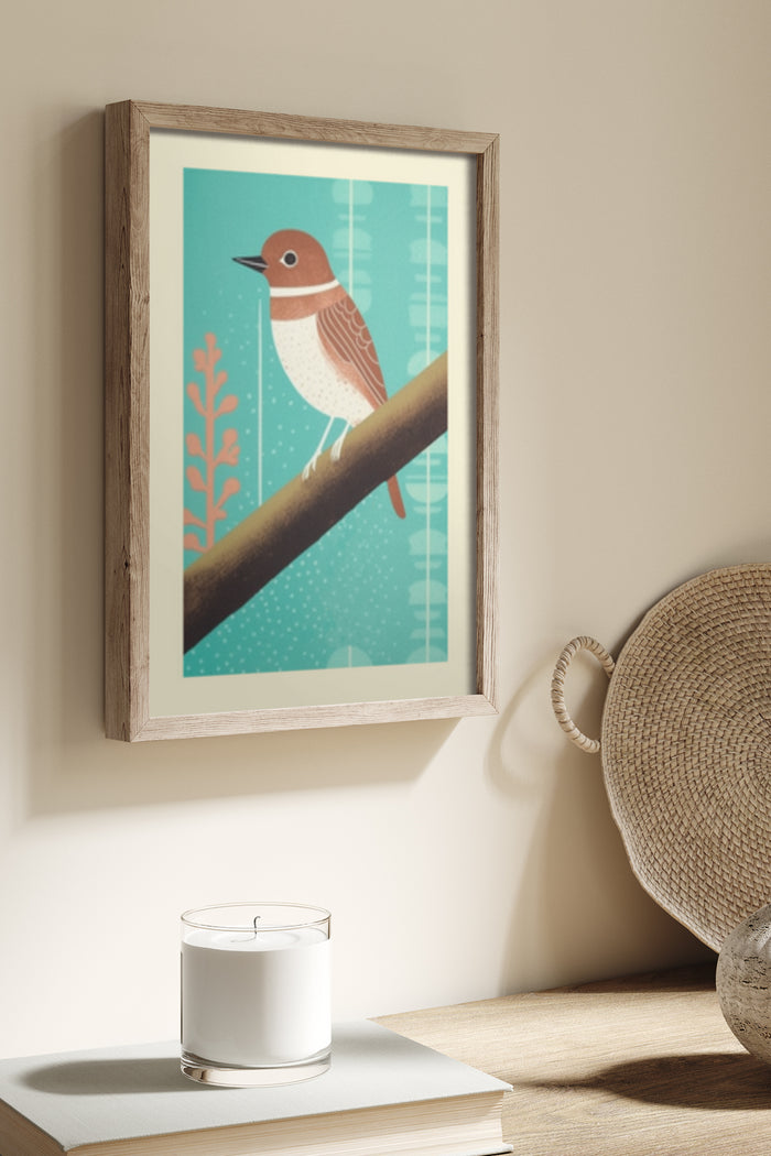 Vintage Bird Illustration in a Wooden Frame Hanging on a Wall Next to a Candle and Woven Decor