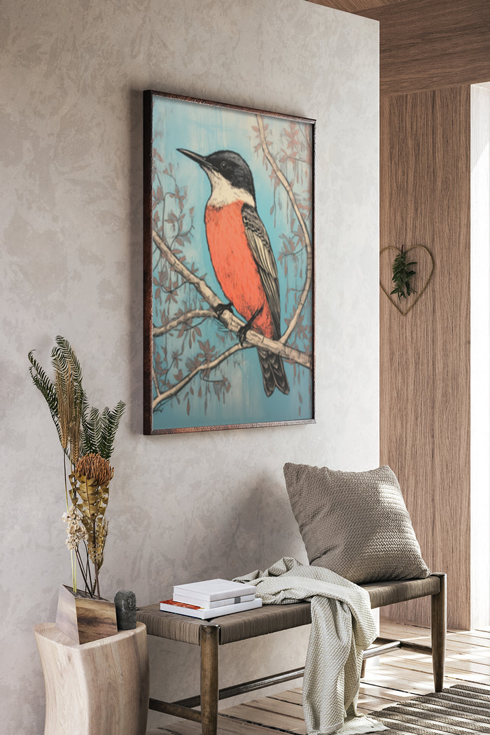 Vintage-style painting of a red and black bird on a branch displayed in a modern interior setting