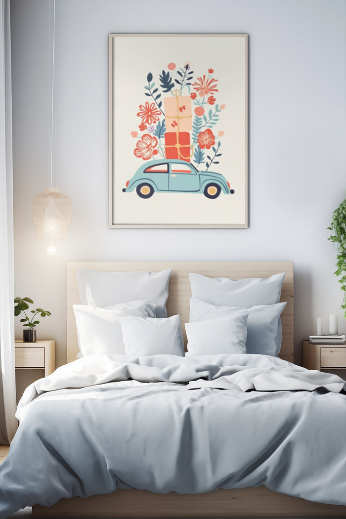 Vintage illustrated poster of a blue car carrying gifts with a backdrop of colorful flowers