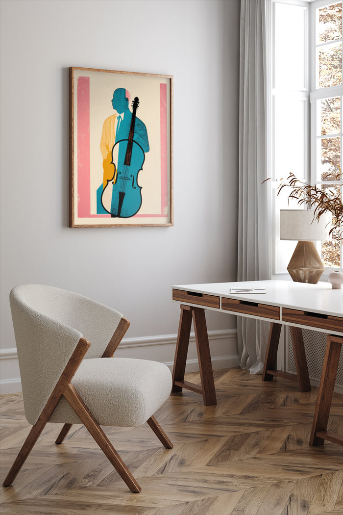 Vintage blue guitarist poster artwork displayed in a contemporary room setting
