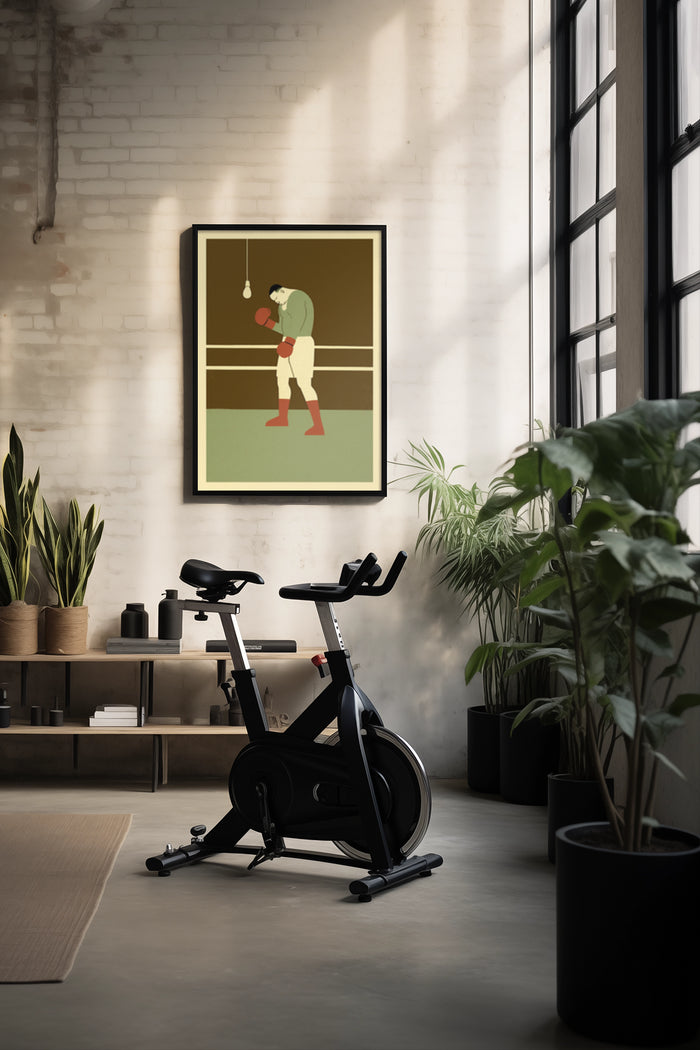 Stylized retro boxing training poster displayed in a contemporary living space with plants and exercise bike