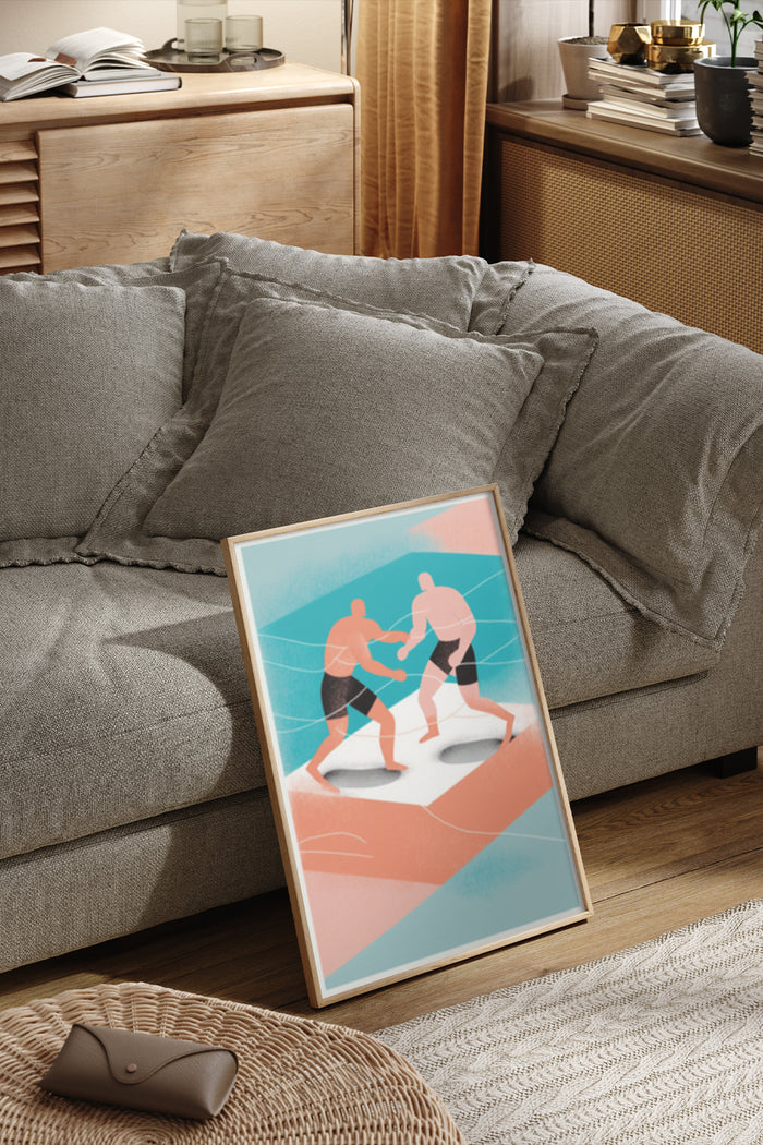 Vintage boxing poster with two boxers in a match art displayed in a modern living room