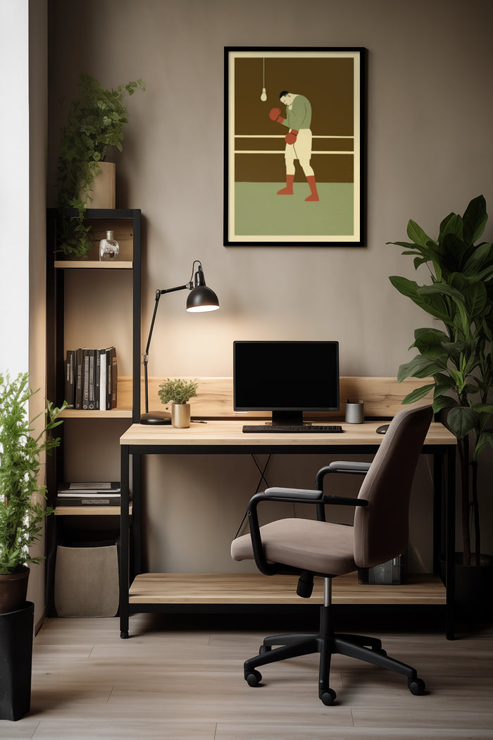 Vintage-style boxing artwork poster displayed above a work desk in a stylish office interior