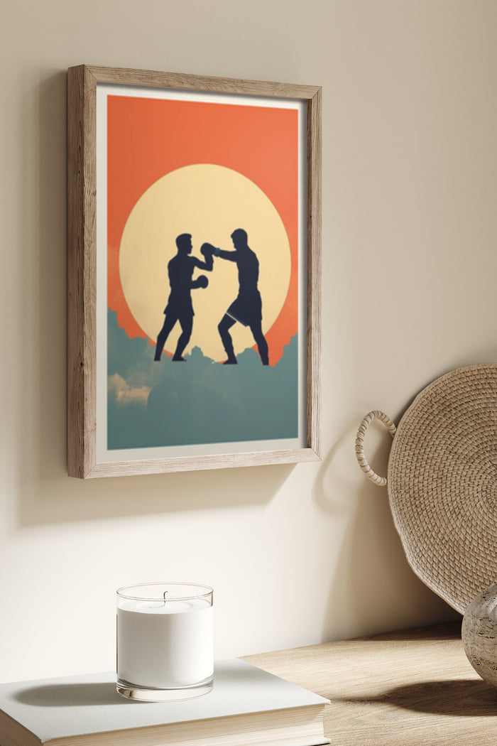 Vintage-style boxing match poster with silhouetted boxers against an orange sunset background
