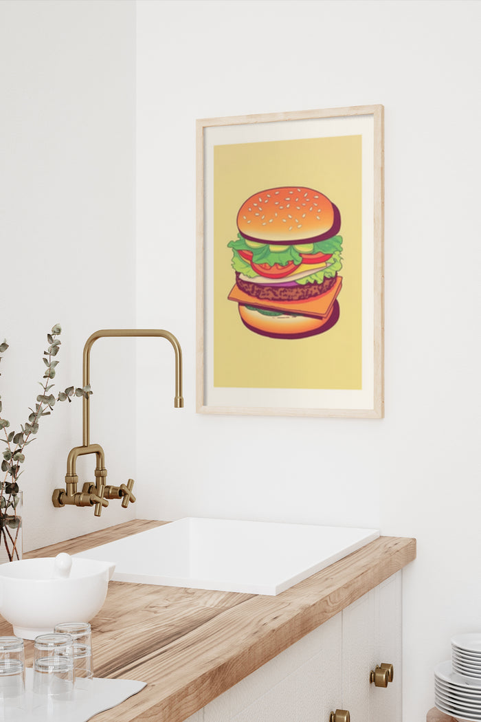 Retro style burger illustration poster in wooden frame against white wall