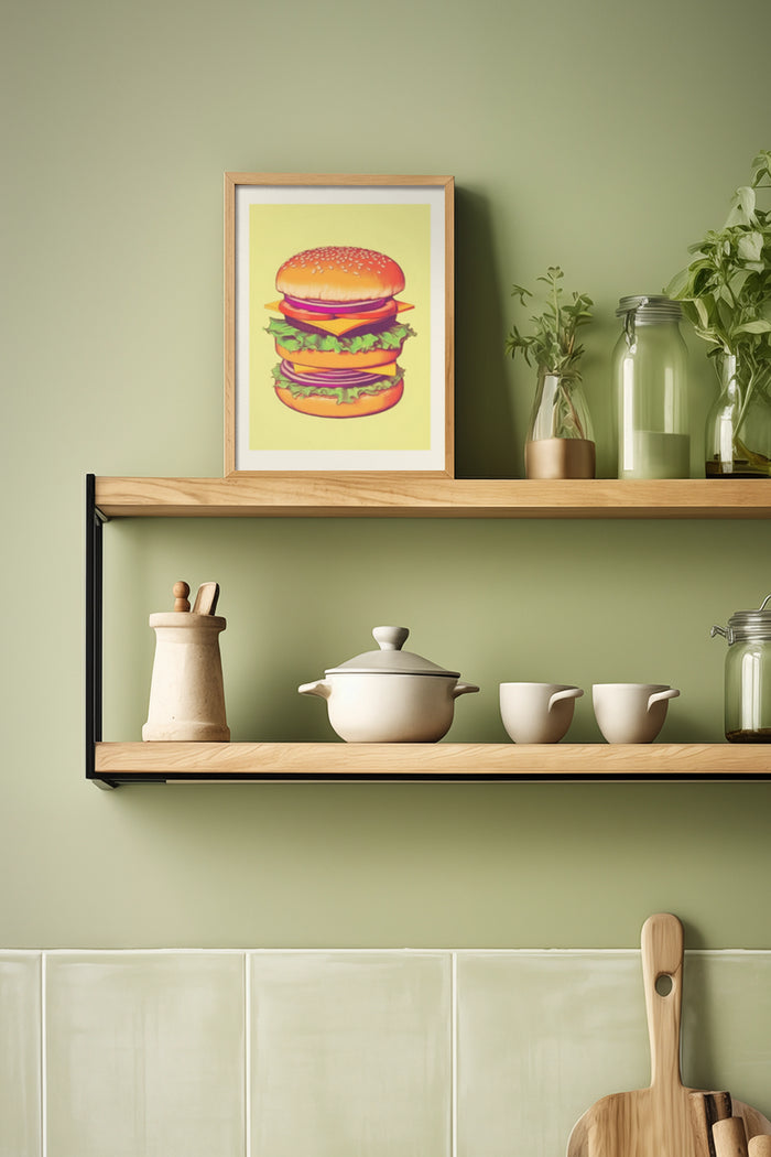 Vintage burger poster framed on kitchen shelf with decorative items