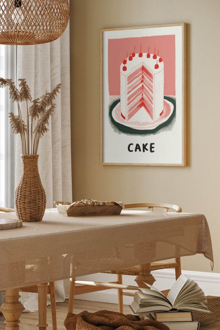 Vintage stylized cake advertisement poster with pink and cream layers displayed in dining room setting
