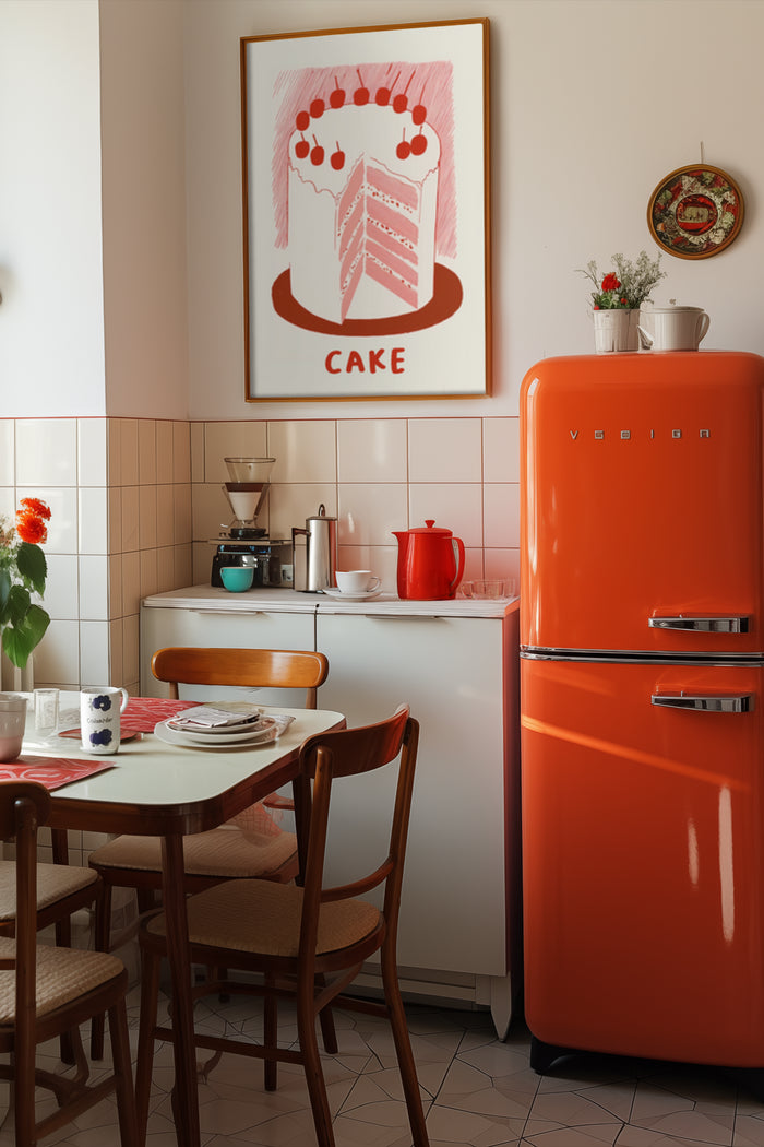 Vintage stylized cake poster in a retro kitchen setting with orange refrigerator