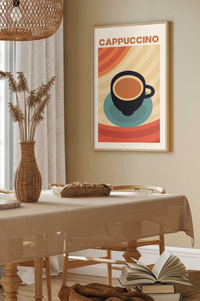 Retro style vintage cappuccino poster with warm color scheme in a cozy dining room setting