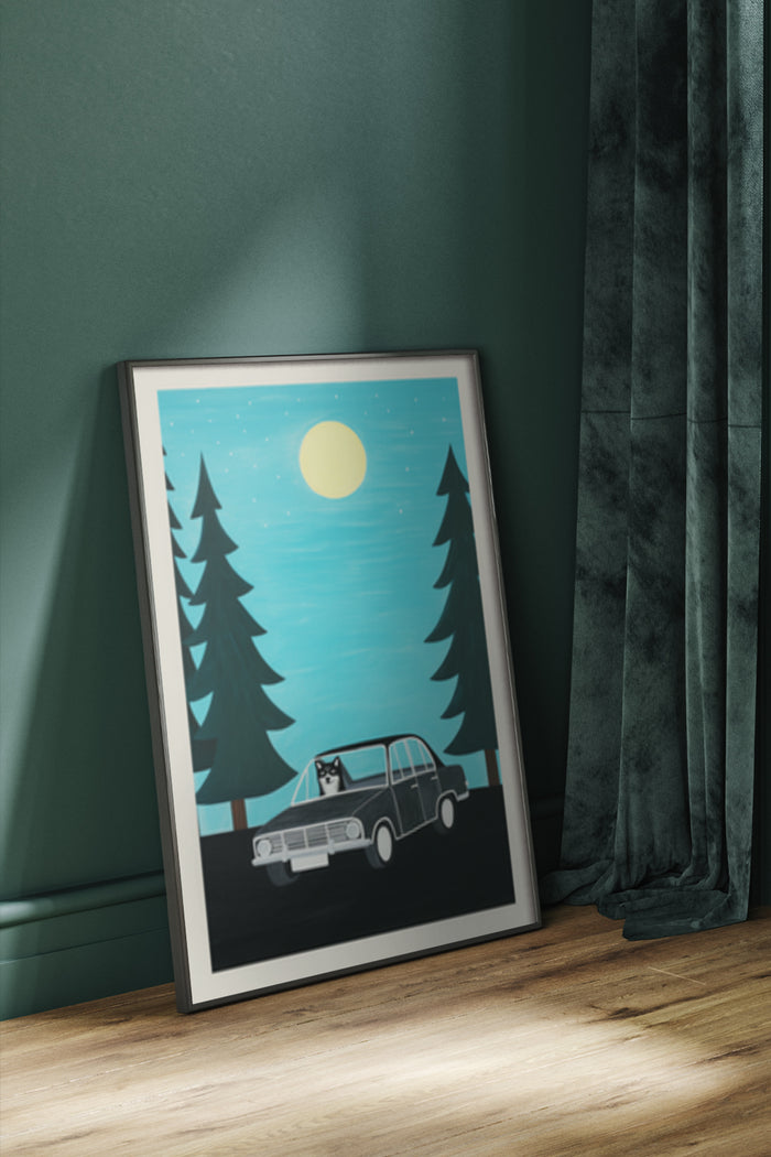 Vintage car with a dog in the forest under moonlight poster artwork