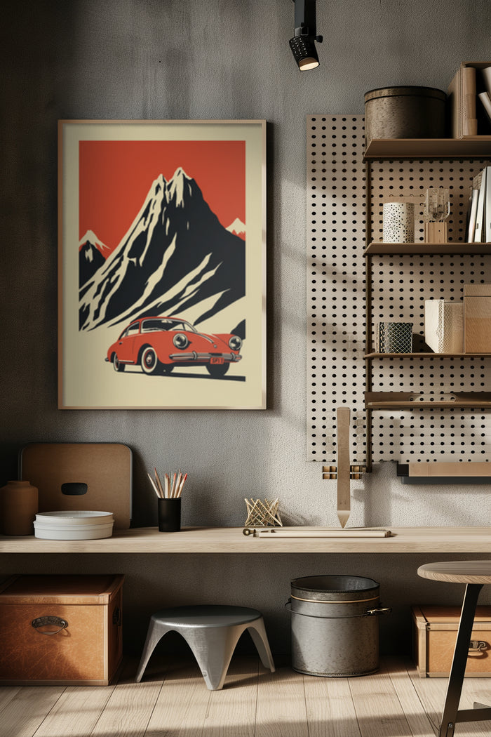 Vintage red car driving near a mountain graphic art poster in a stylish interior