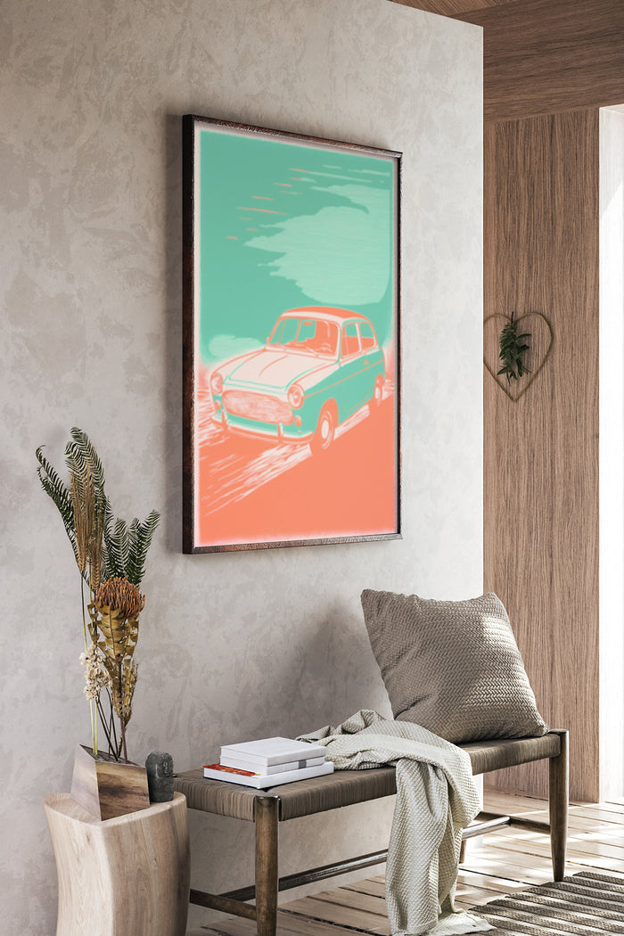 Stylized vintage car poster hanging on the wall in a modern home interior