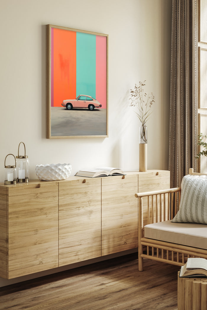 Vintage pink car on a vibrant abstract background displayed as a poster in a modern interior setting