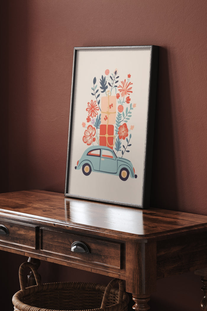 Vintage blue car with colorful floral arrangements and presents illustrated poster