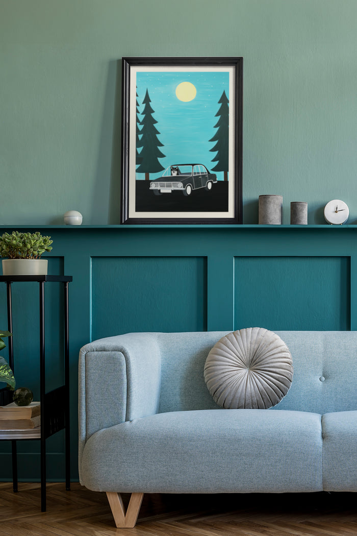 Vintage car parked under moonlight in a forest scenic poster art in living room