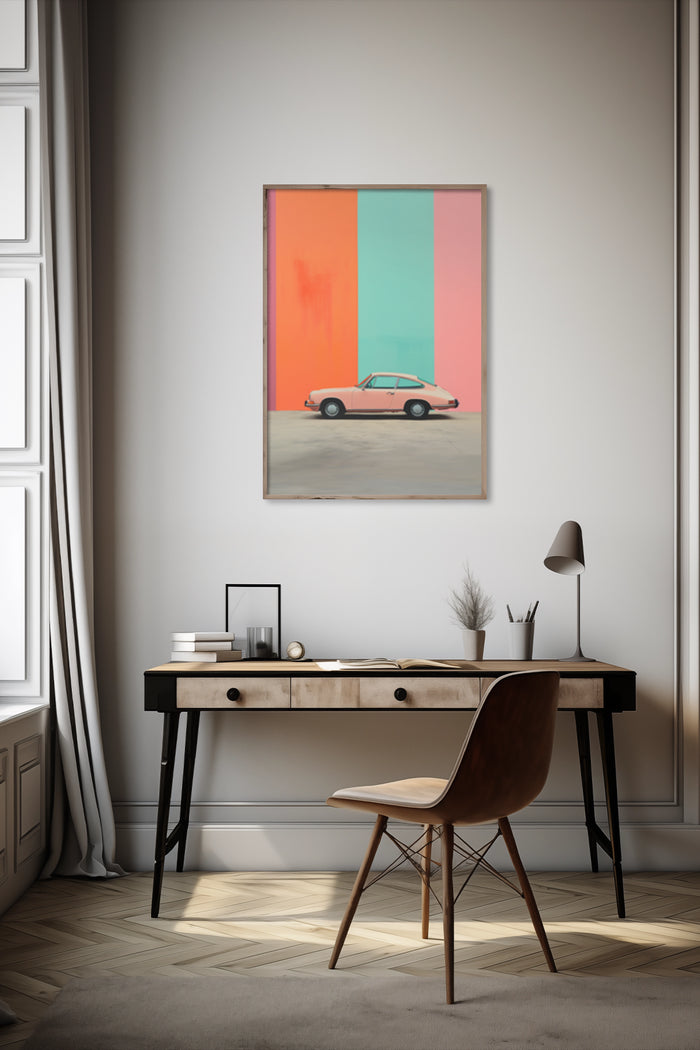 Vintage car poster with vibrant orange and teal background in stylish room decor