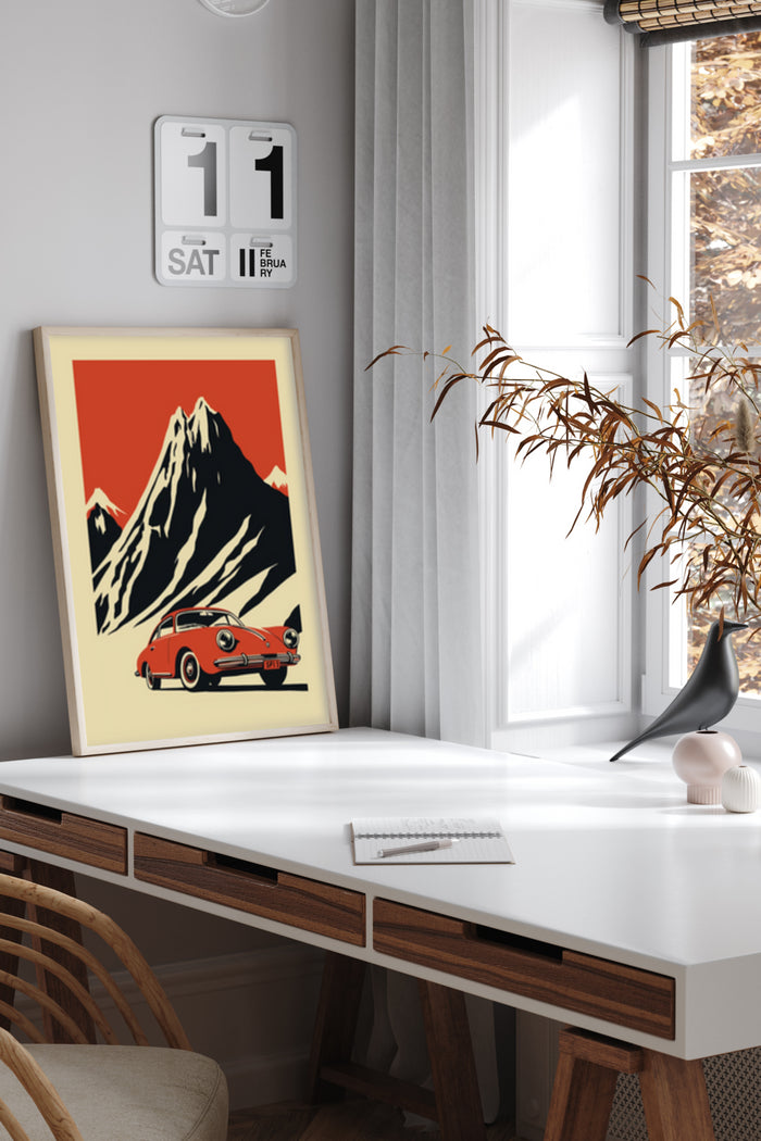 Vintage red sports car with mountain background poster in modern interior